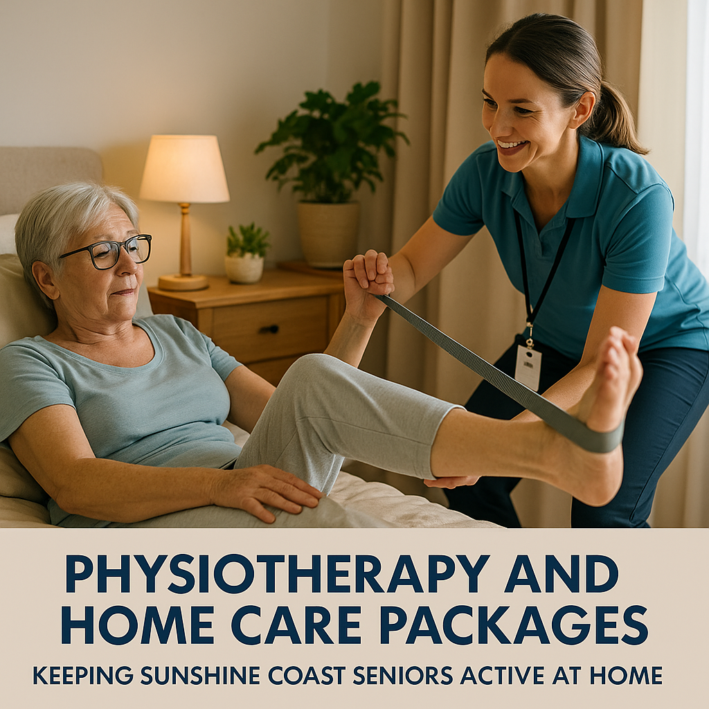 Senior receiving leg lift exercise from physiotherapist in her home.